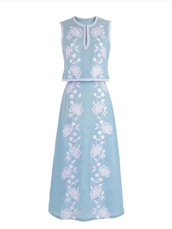 Sky Other - Asha OTM exclusive Light Blue Sleeveless Embroidered Maxi skirt and top